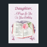 A prayer for a Daughter on her Birthday Postcard<br><div class="desc">A prayer for a daughter on her birthday. A delicate pink rosebud lying on an open bible. Put your own prayer inside.</div>