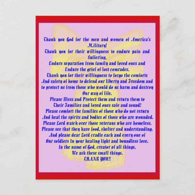 A Prayer For Our Soldiers Postcard (Front)
