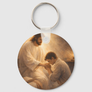 A Prayer on His Knees with Jesus Key Ring