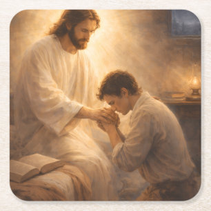 A Prayer on His Knees with Jesus Square Paper Coaster