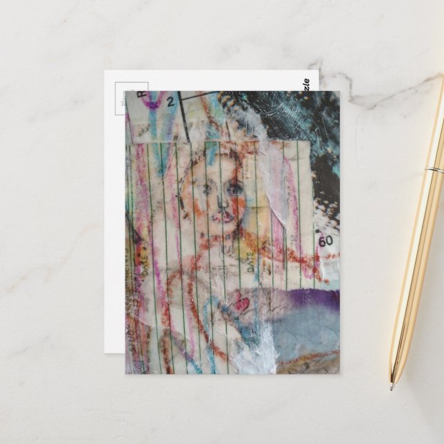 A pretty face mixed media collage numbers postcard (Front/Back In Situ)