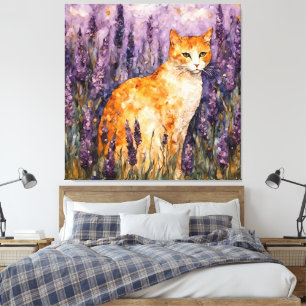 A pretty ginger cat in a lavender field  canvas print