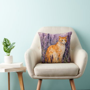 A pretty ginger cat in a lavender field  cushion