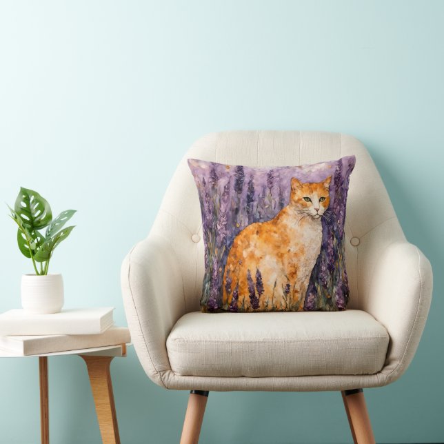 A pretty ginger cat in a lavender field  cushion (Chair)