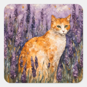 A pretty ginger cat in a lavender field  square sticker