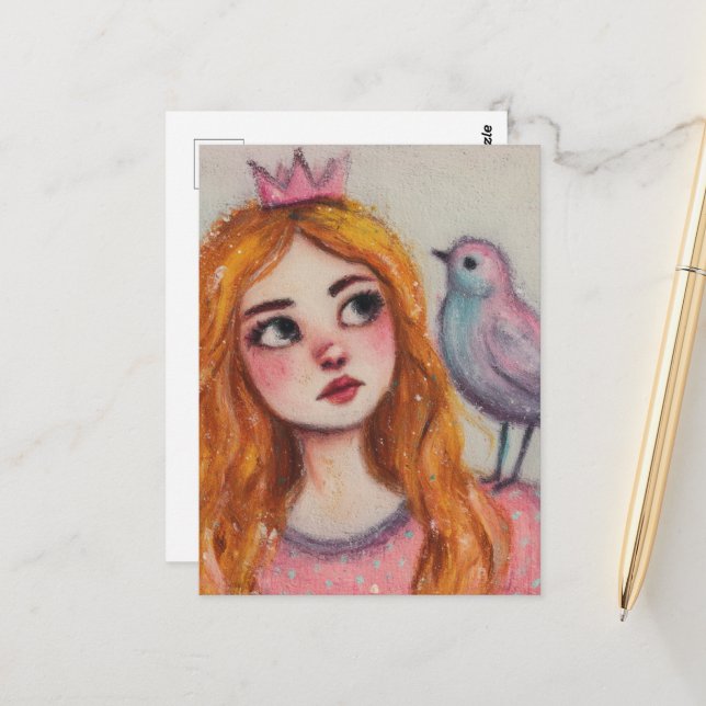A Princess and a Pink Bird Postcard (Front/Back In Situ)