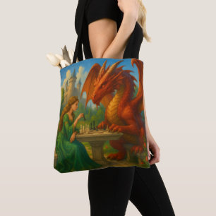 A princess playing chess with a dragon fantasy art tote bag