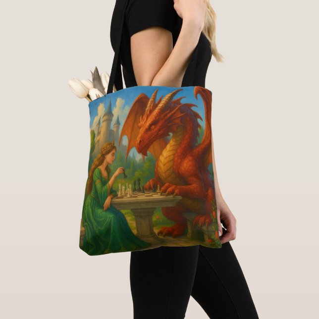 A princess playing chess with a dragon fantasy art tote bag (Close Up)