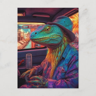 A psychedelic lizard in a vehicle postcard