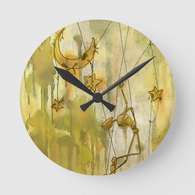 A Puppet's Dream of Moon and Stars on String Round Clock (Front)