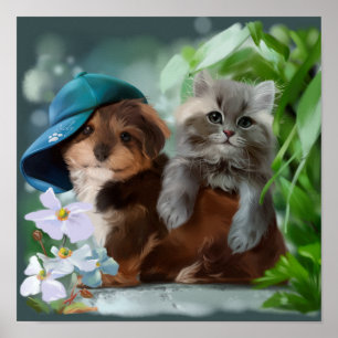 A puppy and a grey kitten poster