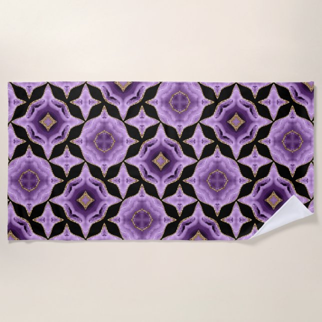 A purple amethyst gold and black abstract beach towel (Front)
