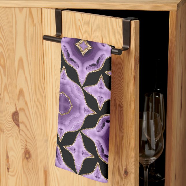 A purple amethyst gold and black abstract tea towel (Thirds Fold)