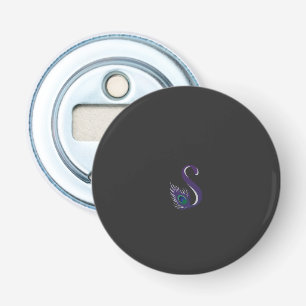 a purple and green peacock feather on a black back bottle opener