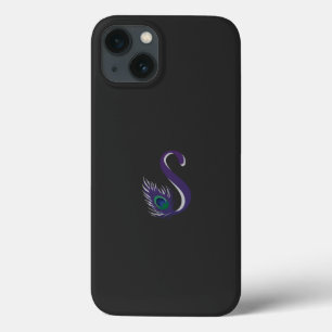 a purple and green peacock feather on a black back iPhone 13 case