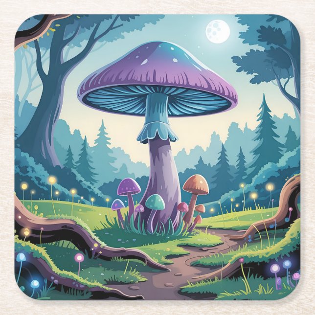 A Purple Mushroom Square Paper Coaster (Front)