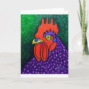 A purple Rooster Card