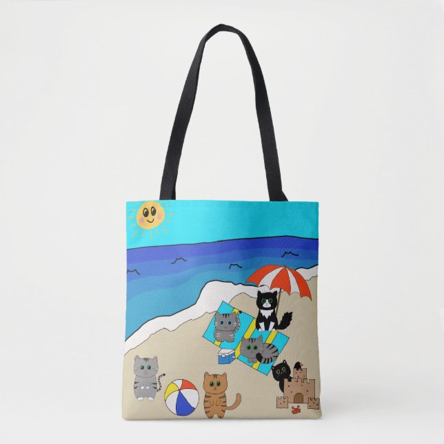 A Purrfectly Fun Day at the Beach Cute Cats  Tote Bag (Front)