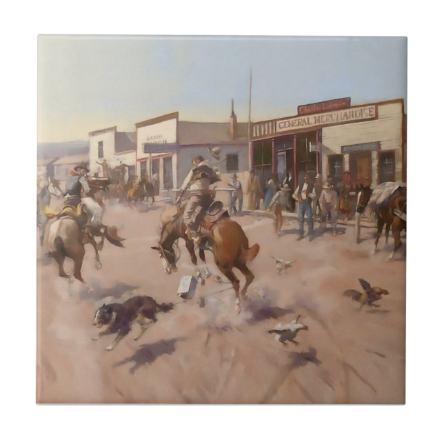 “A Quiet Day in Utica” by Charles M Russell Tile (Front)