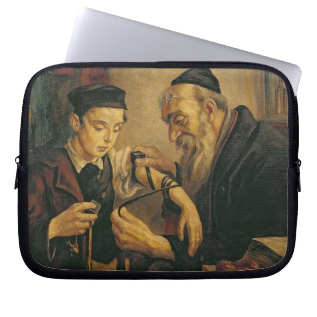 A Rabbi tying the Phylacteries to the arm of a boy Laptop Sleeve (Front)