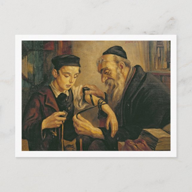 A Rabbi tying the Phylacteries to the arm of a boy Postcard (Front)
