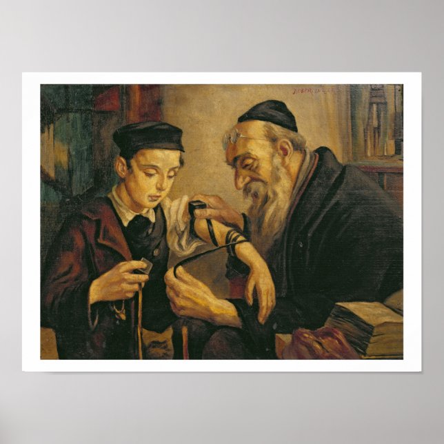 A Rabbi tying the Phylacteries to the arm of a boy Poster (Front)