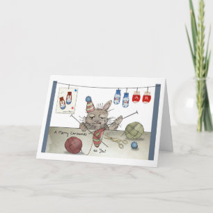A Rabbit Knitting a Christmas Hat Card