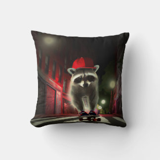 A racoon skater skating in a street at night post cushion