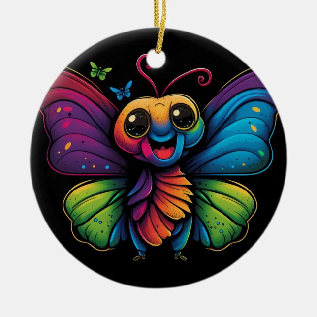 A rainbow-coloured-butterfly ceramic tree decoration (Front)