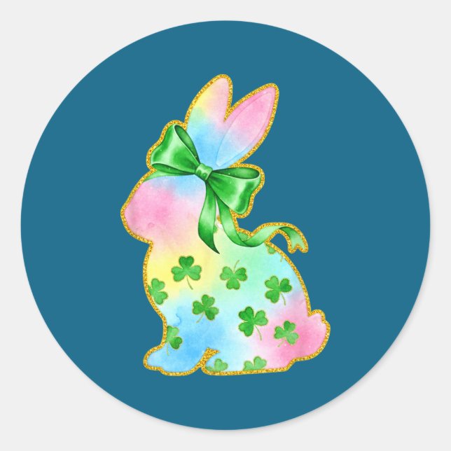 A Rainbow Rabbit With Green Bow And Shamrock St Pa Classic Round Sticker (Front)
