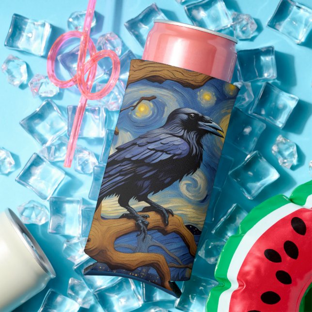 A Raven in an Old Oak Tree Starry Night Seltzer Can Cooler (In Situ Summer)