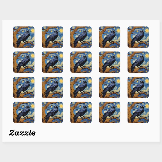 A Raven in an Old Oak Tree Starry Night Square Sticker (Sheet)