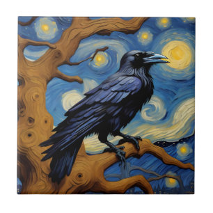 A Raven in an Old Oak Tree Starry Night Tile