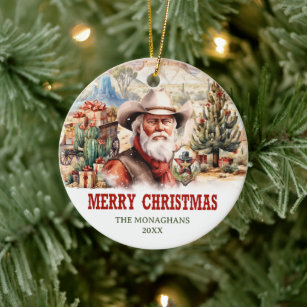 A realistic wild west picture with Santa cowboy Ceramic Tree Decoration