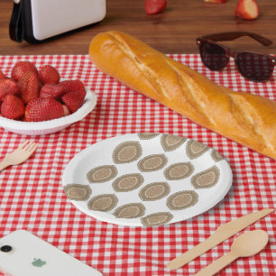 A rectangular rug with an intricate geometric moti paper plate