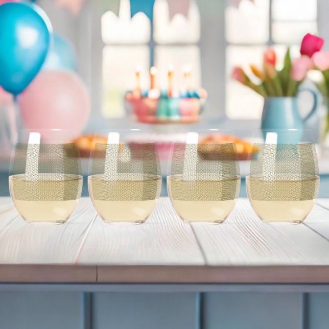 A rectangular rug with intricate geometric pattern stemless wine glass (Insitu (Baby Shower))