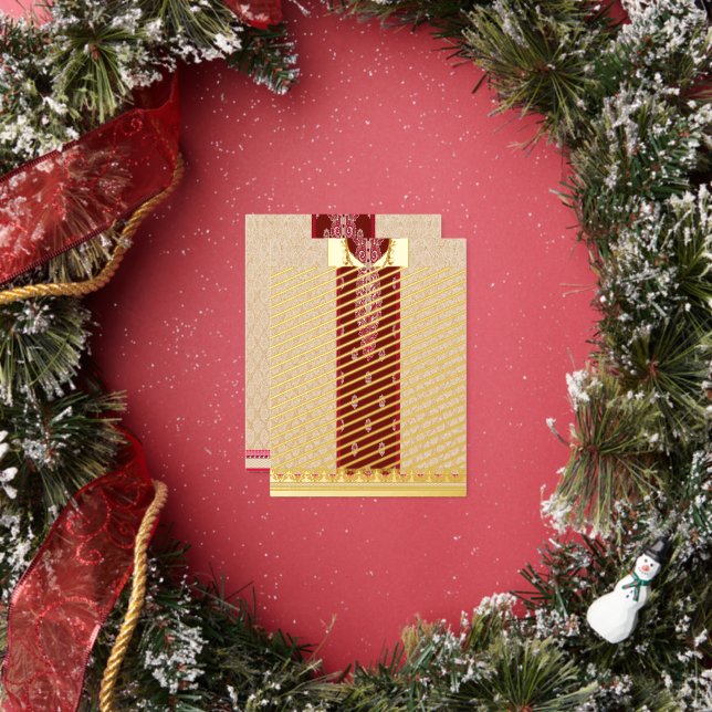 a red and beige carpet with a red border foil holiday postcard (Insitu)