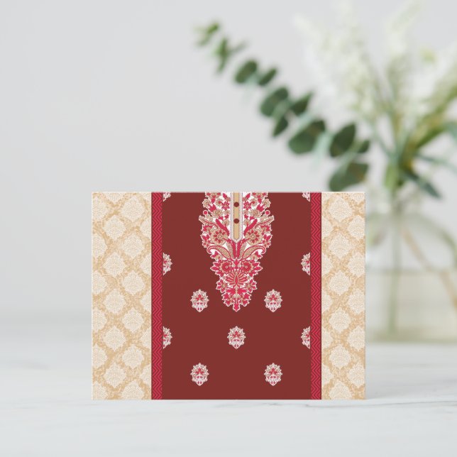 a red and beige carpet with a red border postcard (Standing Front)