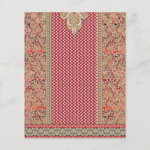 a red and beige rug with a gold border flyer