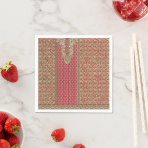 a red and beige rug with a gold border napkin