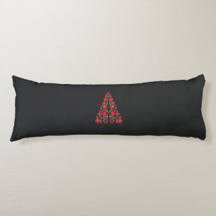 a red and beige scarf with a picture of a woman ho body cushion