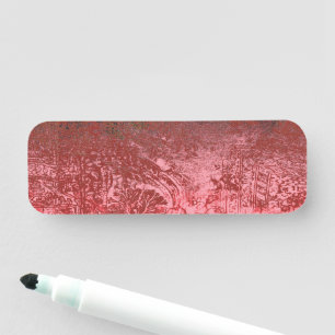 a red and black painting with a red background name tag