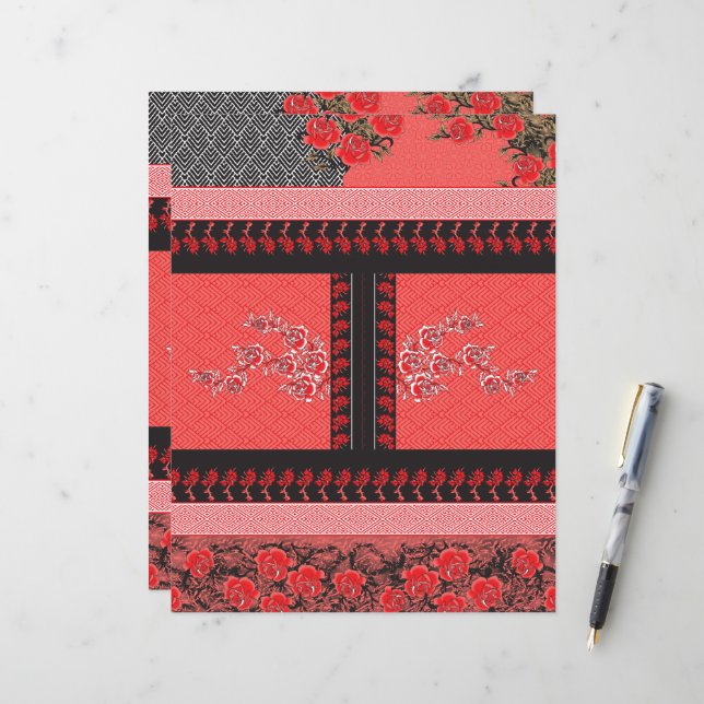 a red and black pattern with flowers on it (Front/Back In Situ)