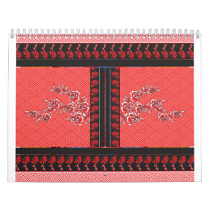 a red and black pattern with flowers on it calendar