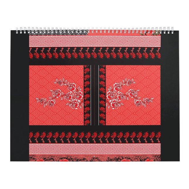 a red and black pattern with flowers on it calendar (Cover)