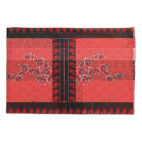 a red and black pattern with flowers on it