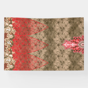 a red and brown background with a red border banner