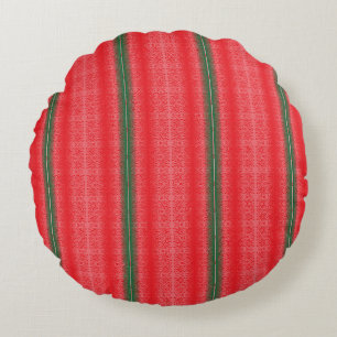 a red and green striped background round cushion