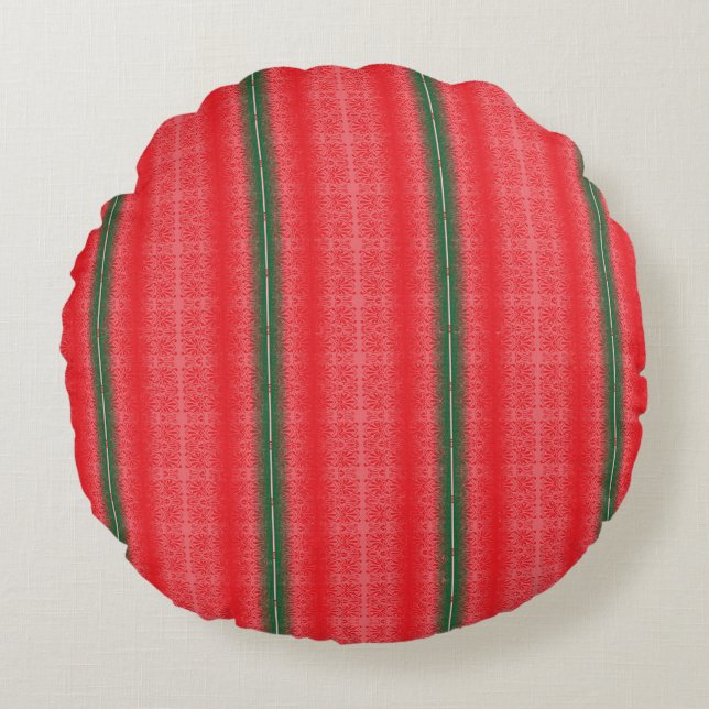 a red and green striped background round cushion (Front)