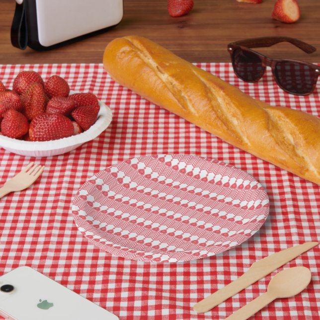 A red and pink geometric pattern featuring interlo paper plate (Picnic)